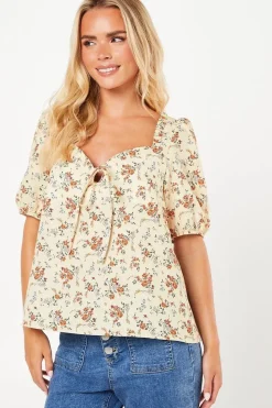 Petite Floral Sweetheart Tie Front Blouse