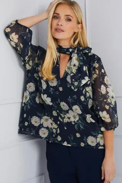 Petite Floral Tie Neck Blouse