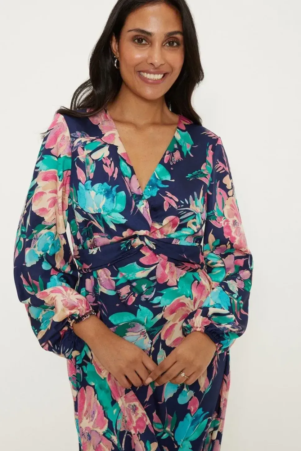Petite Floral Twist Balloon Sleeve Midi Dress