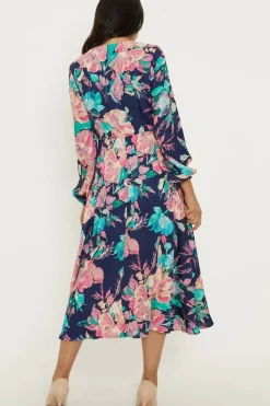 Petite Floral Twist Balloon Sleeve Midi Dress