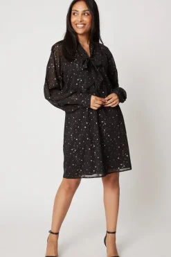 Petite Foil Star Tie Neck Shift Dress
