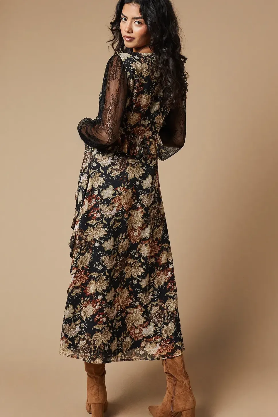 Petite Folk Lace Sleeve Ruffle Front Midi Dress