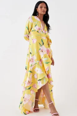 Petite Frill Hem Wrap Midi Dress With Long Sleeve In Organza