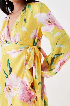 Petite Frill Hem Wrap Midi Dress With Long Sleeve In Organza