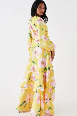 Petite Frill Hem Wrap Midi Dress With Long Sleeve In Organza