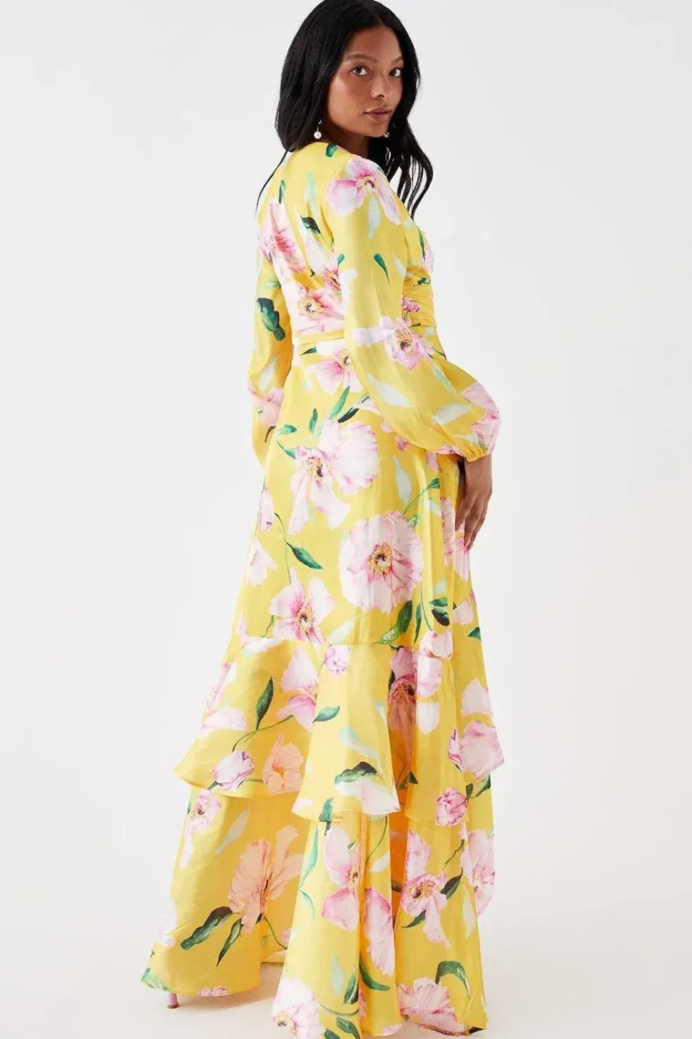 Petite Frill Hem Wrap Midi Dress With Long Sleeve In Organza