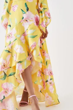Petite Frill Hem Wrap Midi Dress With Long Sleeve In Organza