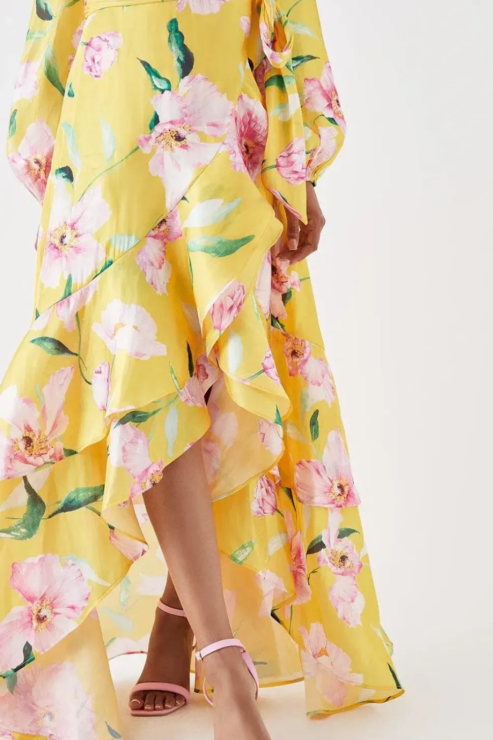 Petite Frill Hem Wrap Midi Dress With Long Sleeve In Organza