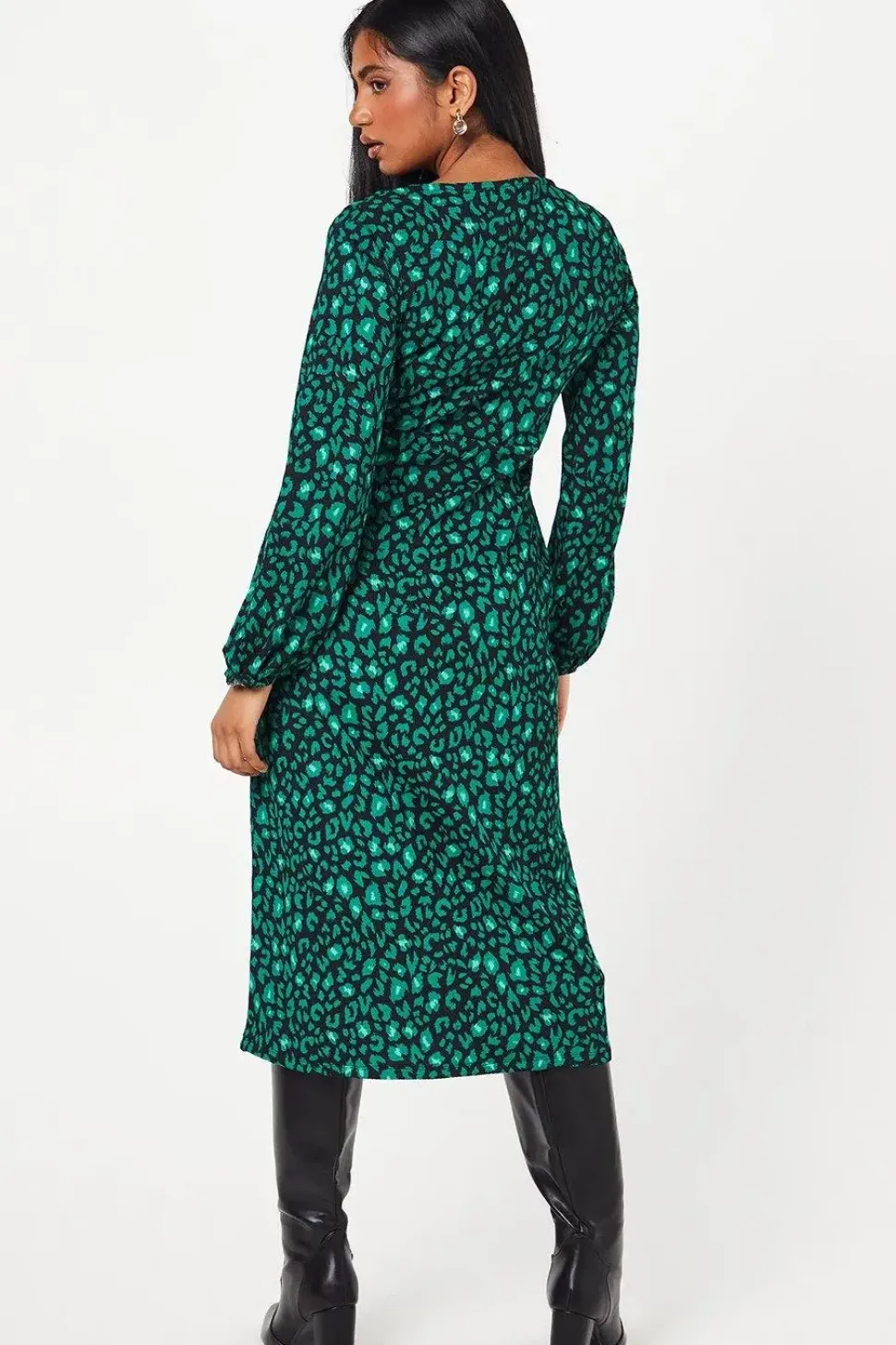 Petite Green Animal Tie Front Long Sleeve Midi Dress