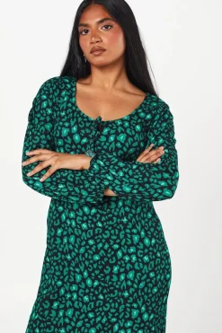 Petite Green Animal Tie Front Long Sleeve Midi Dress