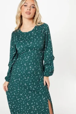 Petite Green Ditsy Floral Ruffle Sleeve Midi Dress