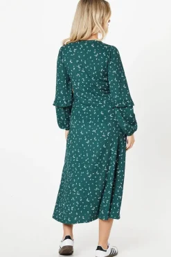 Petite Green Ditsy Floral Ruffle Sleeve Midi Dress