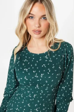 Petite Green Ditsy Floral Ruffle Sleeve Midi Dress
