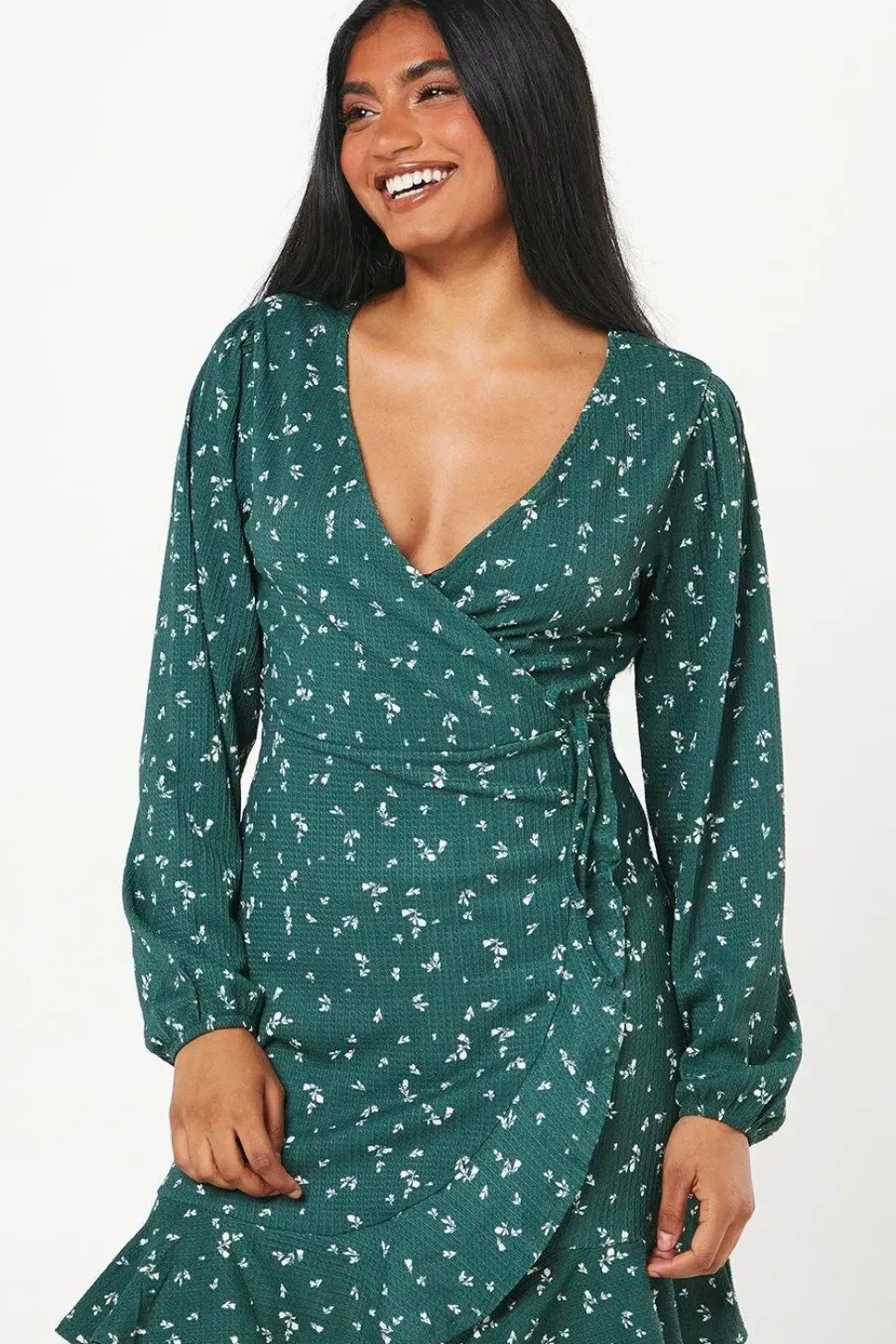 Petite Green Ditsy Wrap Mini Dress