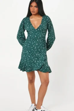 Petite Green Ditsy Wrap Mini Dress