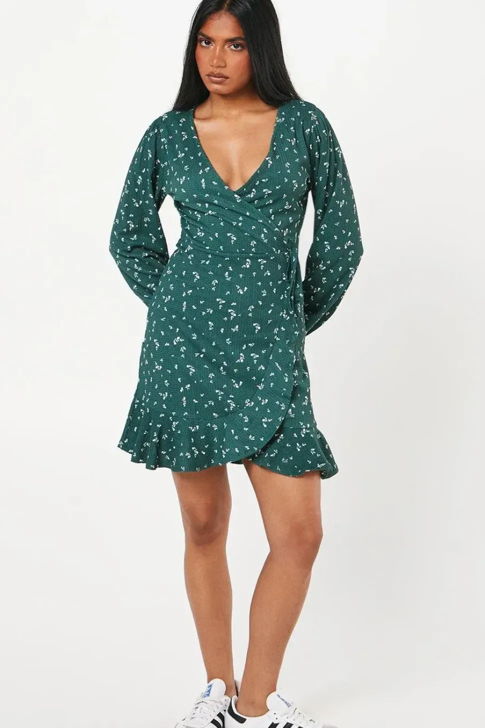 Petite Green Ditsy Wrap Mini Dress