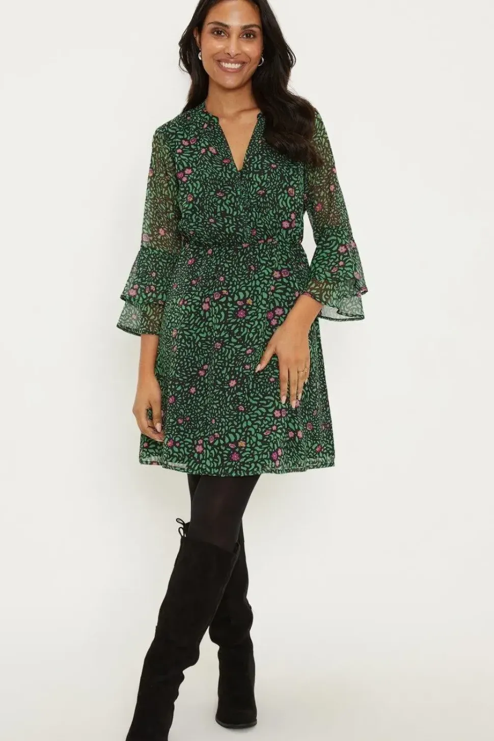 Petite Green Floral Belted Shift Dress
