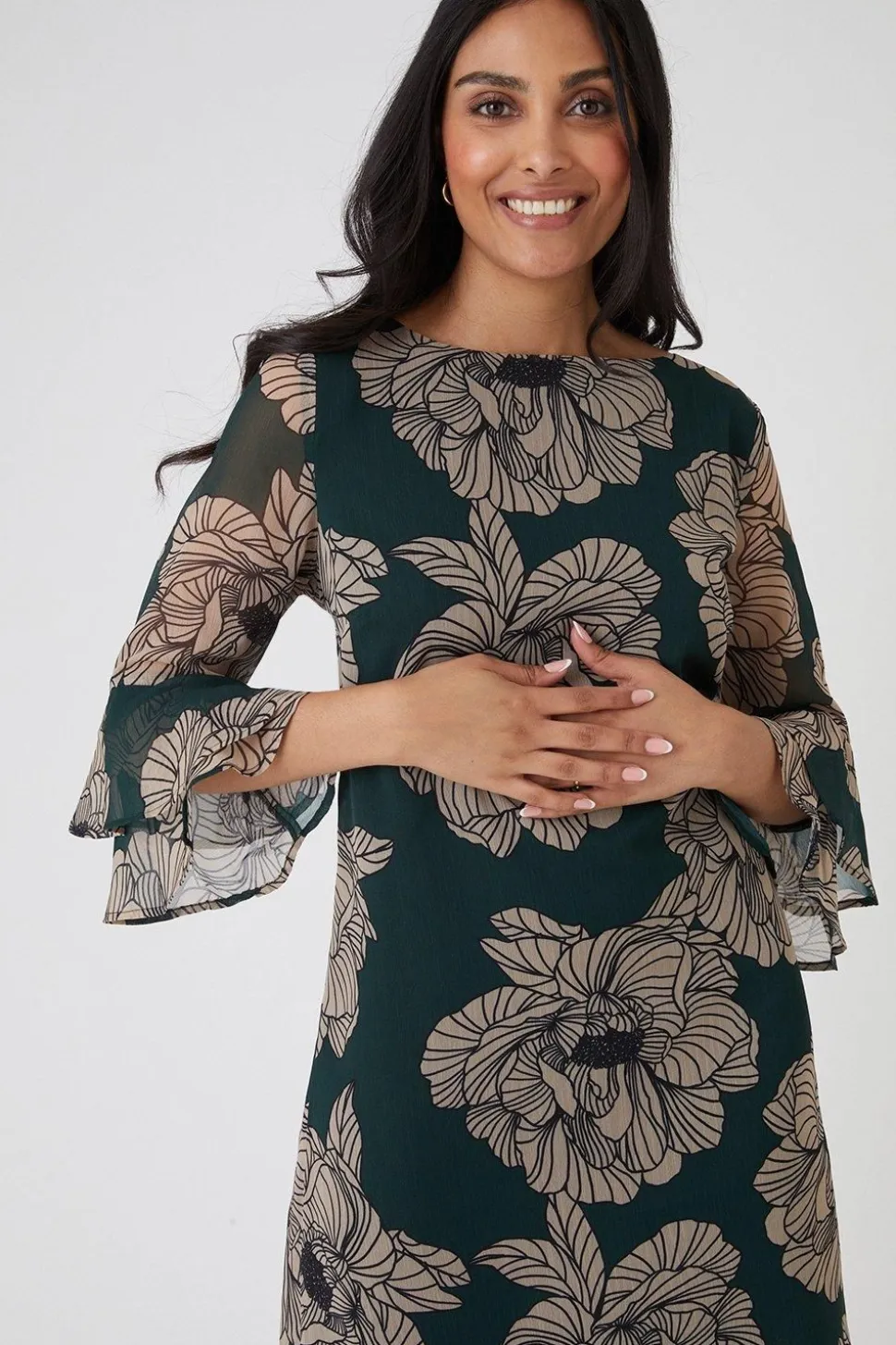 Petite Green Floral Flute Shift Dress
