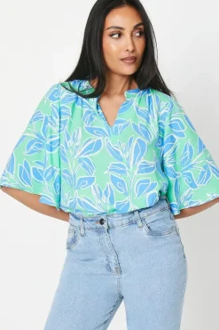 Petite Green Floral Flute Sleeve Blouse