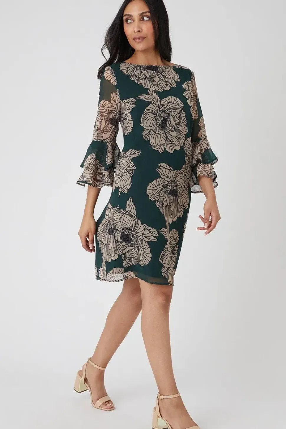 Petite Green Floral Flute Sleeve Shift Dress