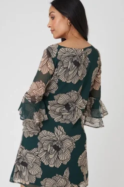 Petite Green Floral Flute Sleeve Shift Dress