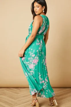 Petite Green Floral Pleated Belted Midi Dress