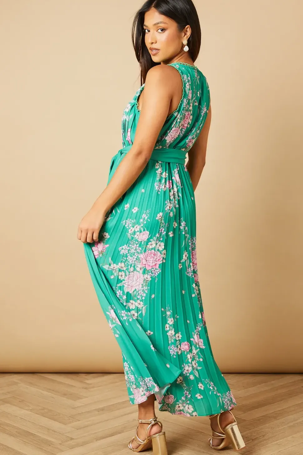 Petite Green Floral Pleated Belted Midi Dress