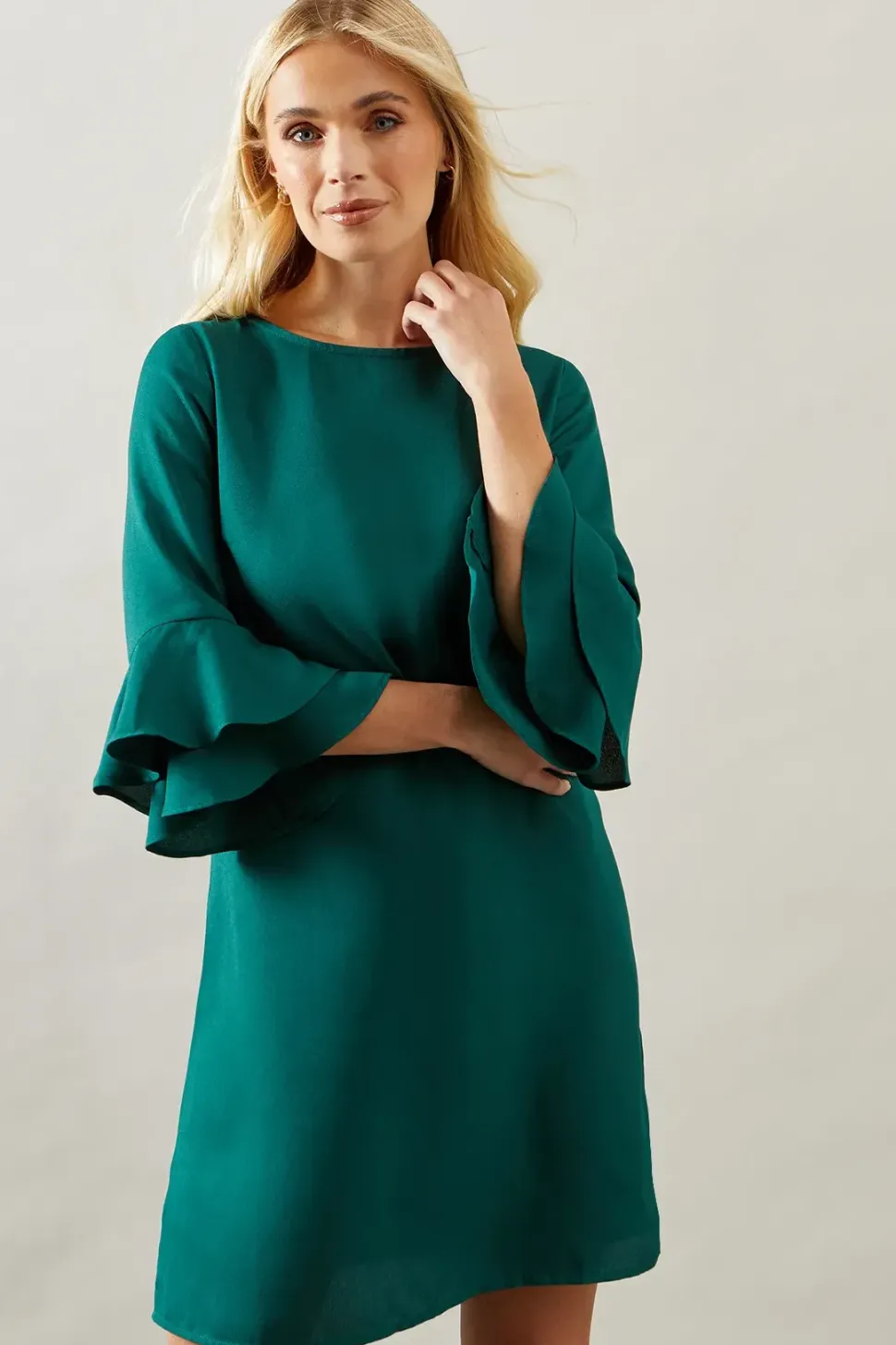 Petite Green Flute Sleeve Shift Dress