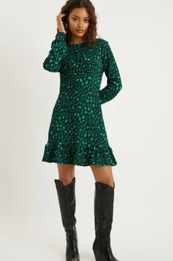 Petite Green Leopard Frill Hem Mini Dress