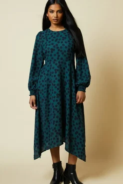 Petite Green Spot Hanky Hem Shirred Cuff Midi Dress