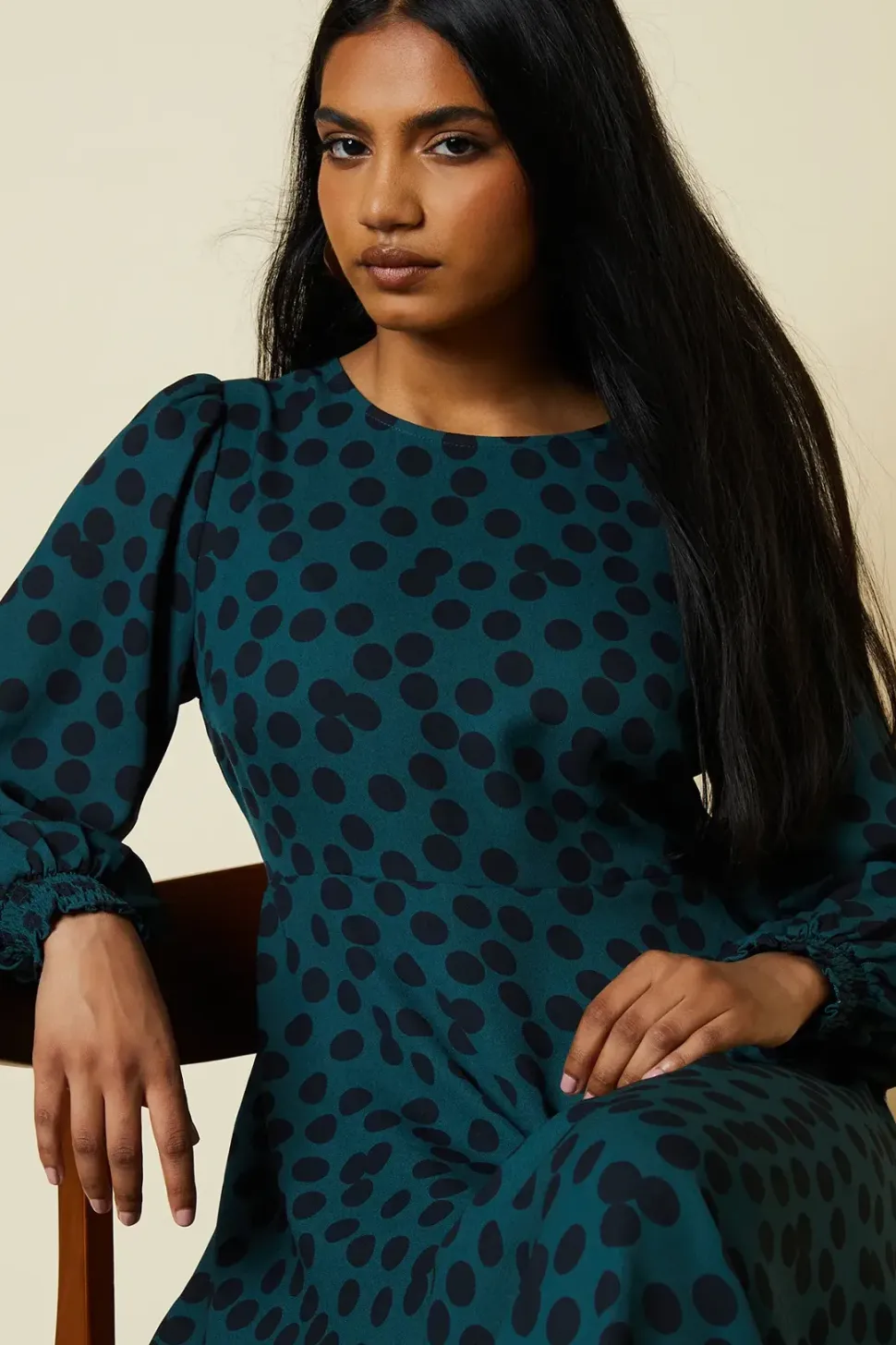 Petite Green Spot Hanky Hem Shirred Cuff Midi Dress