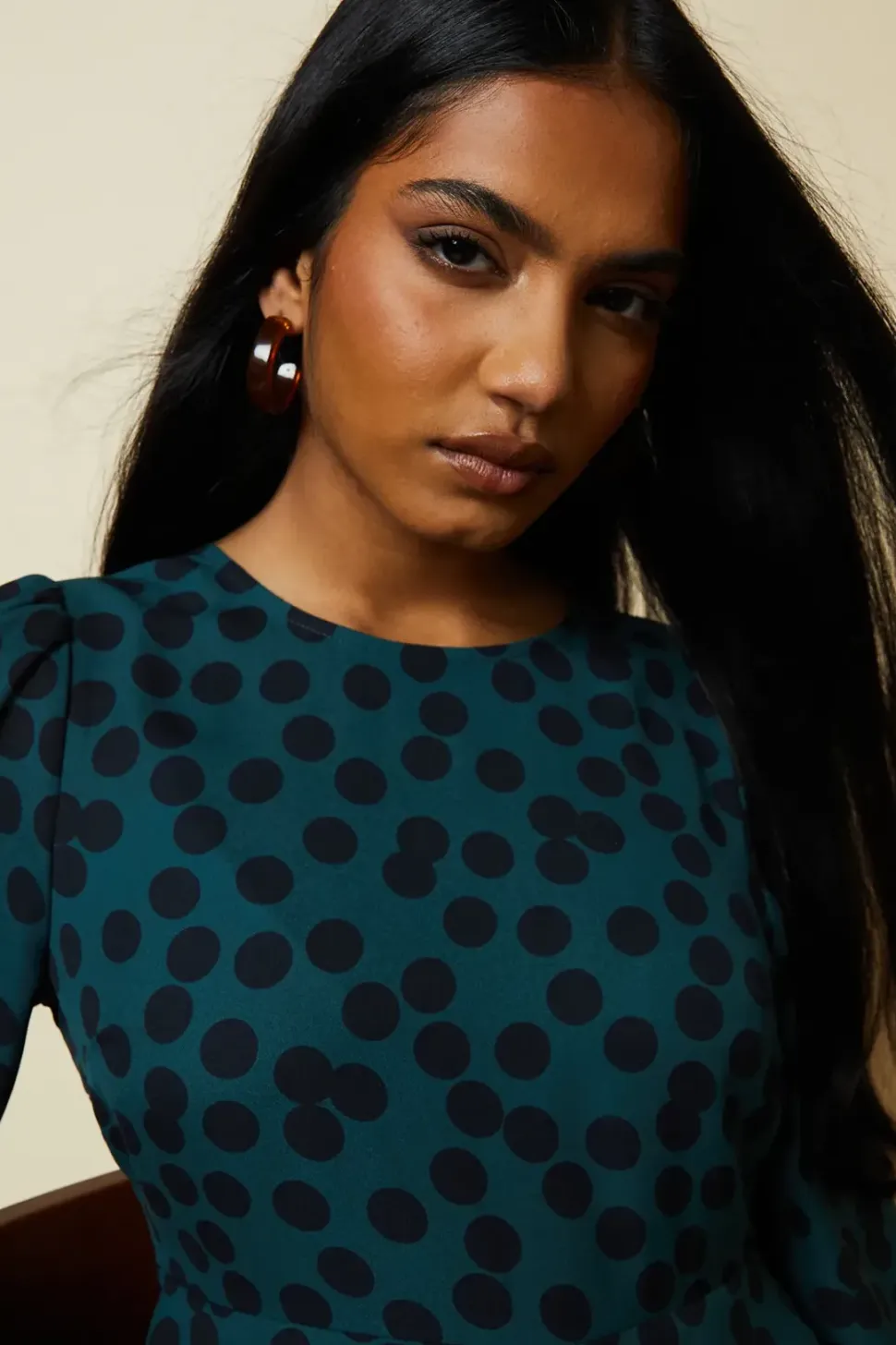 Petite Green Spot Hanky Hem Shirred Cuff Midi Dress
