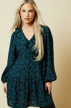 Petite Green Spot Tiered Hem Frill Wrap Mini Dress