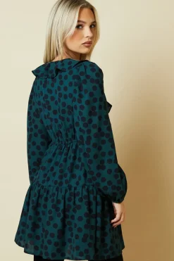 Petite Green Spot Tiered Hem Frill Wrap Mini Dress