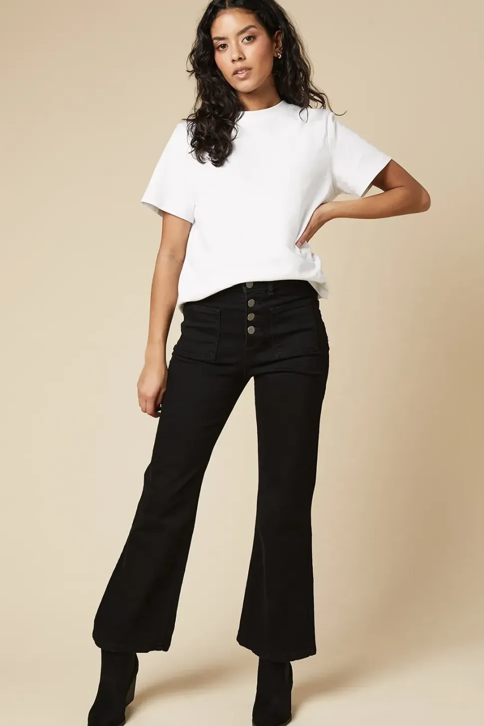 Petite High Rise Button Detail Patch Pocket Flare Jeans