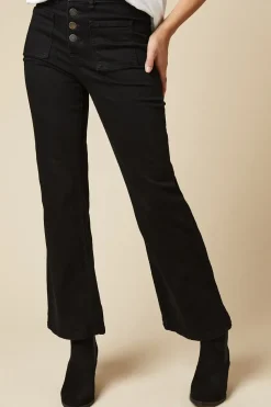 Petite High Rise Button Detail Patch Pocket Flare Jeans