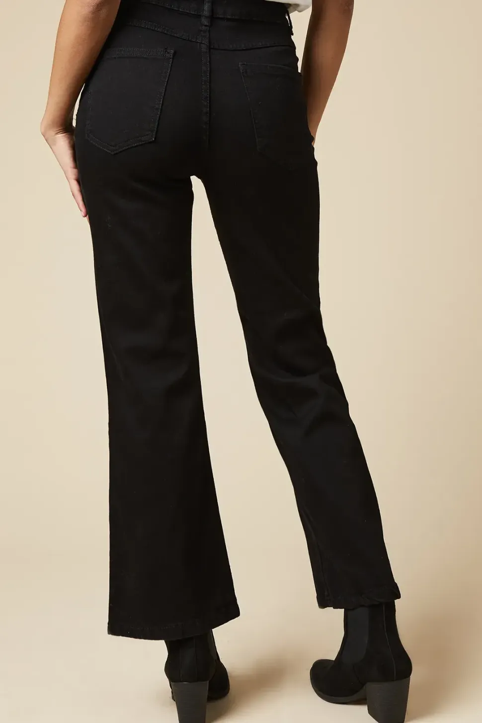 Petite High Rise Button Detail Patch Pocket Flare Jeans