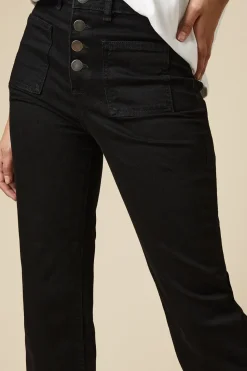 Petite High Rise Button Detail Patch Pocket Flare Jeans