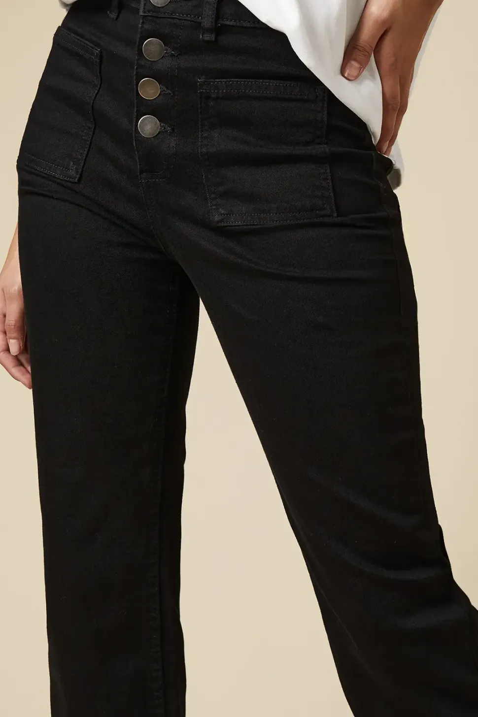 Petite High Rise Button Detail Patch Pocket Flare Jeans