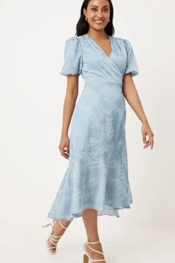 Petite Jacquard Floral Puff Sleeve Wrap Midi Dress