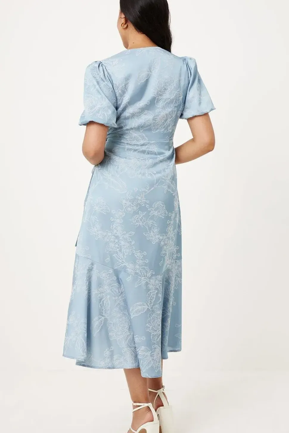 Petite Jacquard Floral Puff Sleeve Wrap Midi Dress