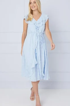 Petite Jacquard Ruffle Detail Tie Midi Dress