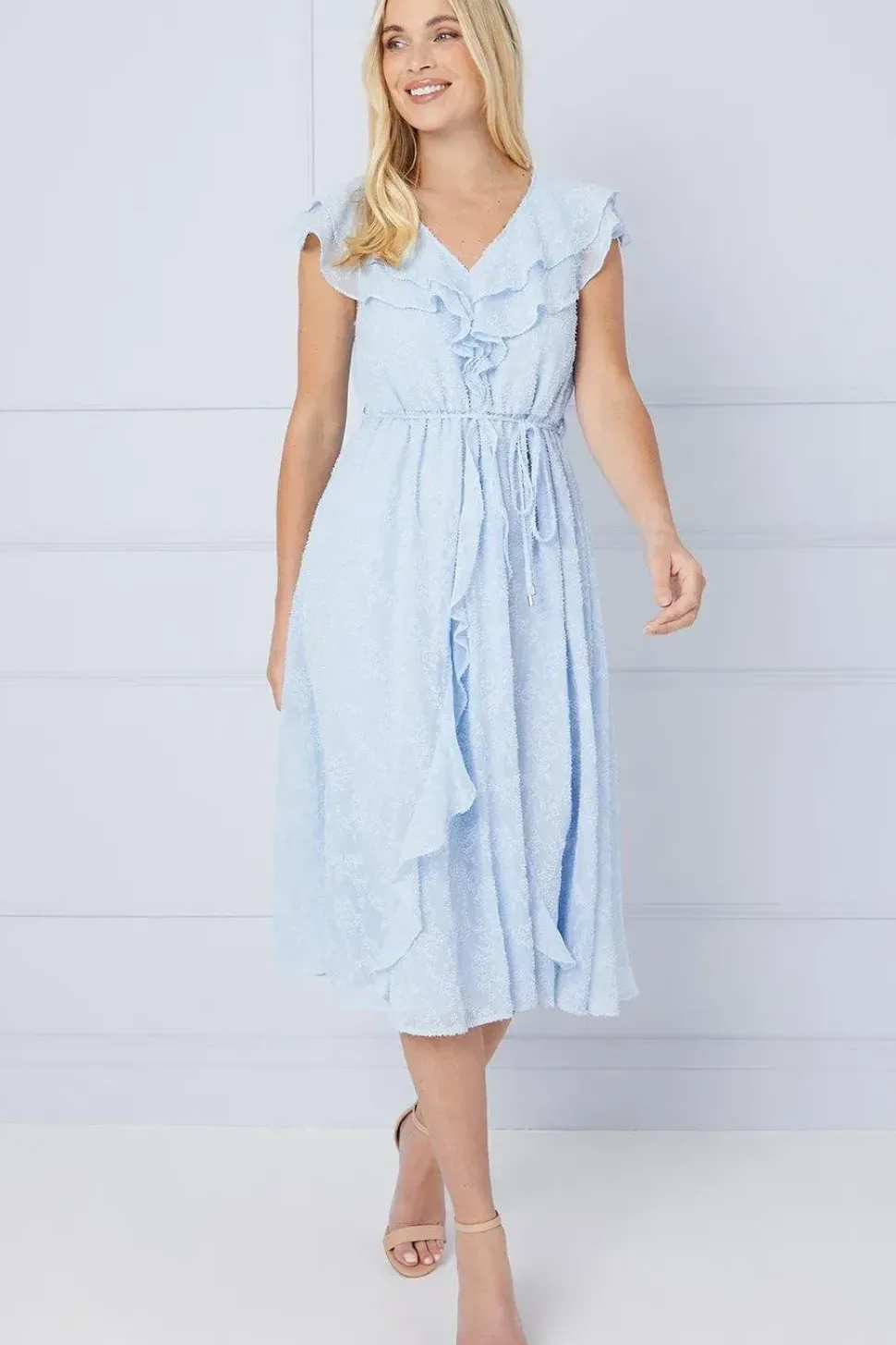 Petite Jacquard Ruffle Detail Tie Midi Dress