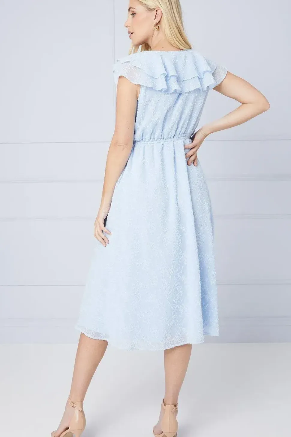 Petite Jacquard Ruffle Detail Tie Midi Dress