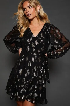 Petite Jacquard Ruffle Long Sleeve Mini Dress