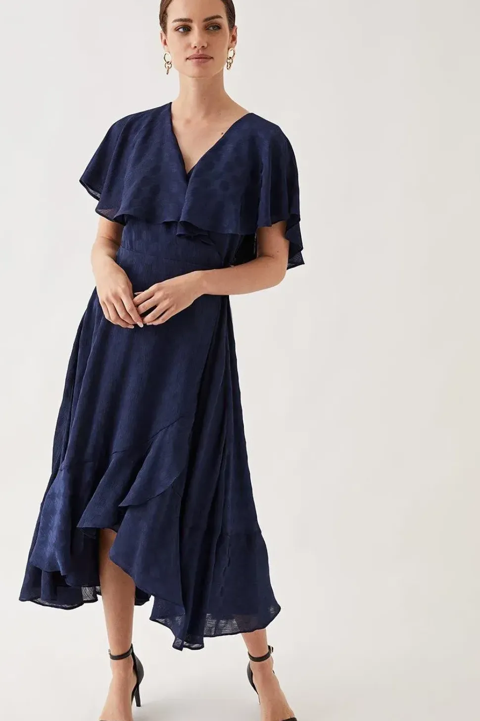 Petite Jacquard Spot Ruffle Wrap Midaxi Dress