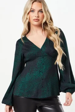 Petite Khaki Animal Long Sleeve Button Front Tea Blouse