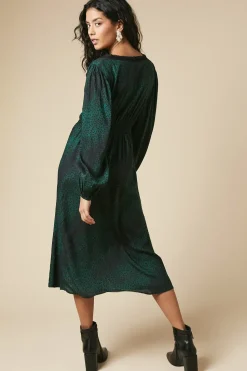 Petite Khaki Animal Long Sleeve Lace Trim Button Front Midi Dress