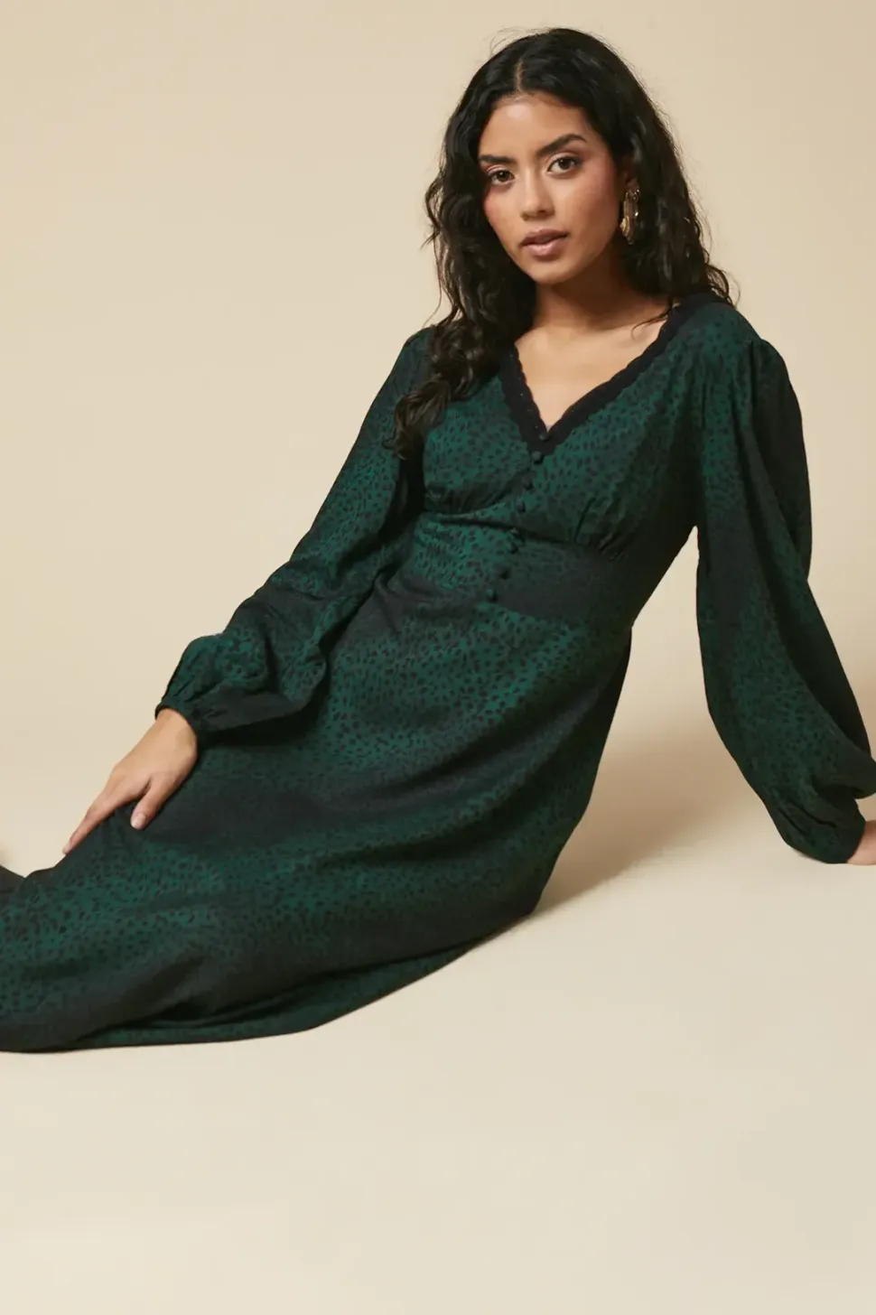 Petite Khaki Animal Long Sleeve Lace Trim Button Front Midi Dress