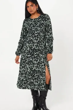 Petite Khaki Animal Print Ruffle Sleeve Midi Dress